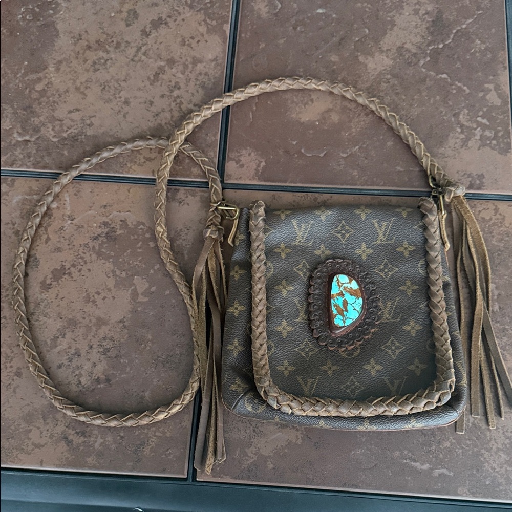 Vintage Louis Vuitton Crossbody Bag with Braided Strap and Turquoise Stone